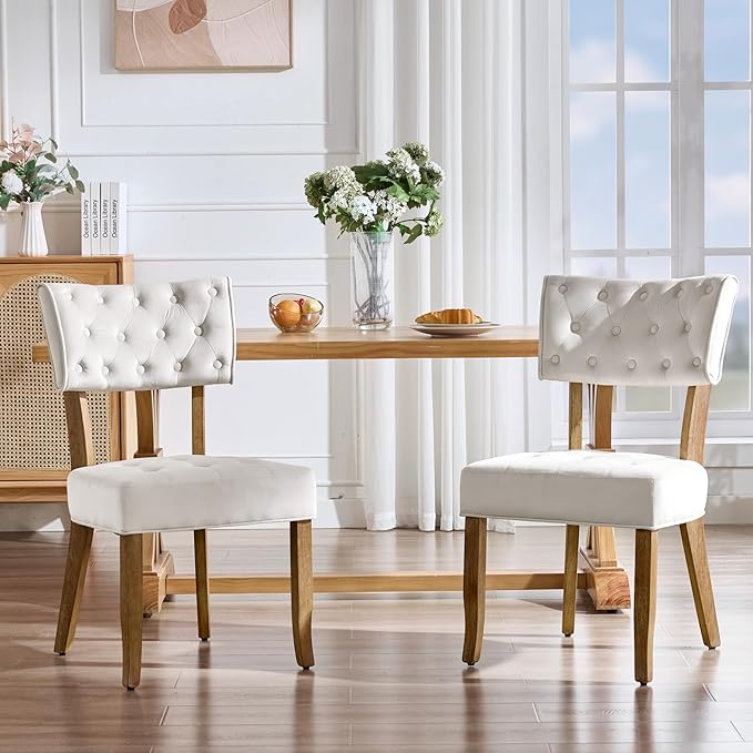 UVV Upholstered Dining Chairs Set of 6, Mid Century Modern Tufted Kitchen Chairs Dining Room Chairs, Velvet Dinner Chair with Wood Legs for Dining Room Kitchen, Beige