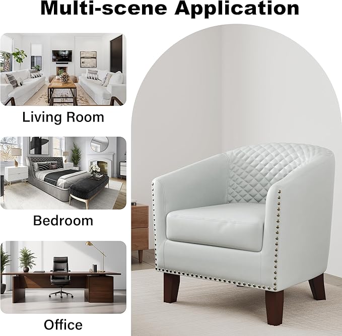 DREAMSIDEA Accent Barrel Chair, Upholstered Faux Leather Club Chair with Nailed Trim, Comfy Reading Armchair for Living Room Bedroom Reception Room Office (White, Set of 2)
