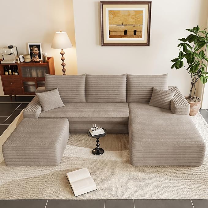 95" U-Shape Cloud Couch, Modern Modular Sectional L-Shape Sofa with Ottoman, Corduroy Upholstered Couches Deep Seat Sleeper Chaise Longue for Living Room, No Assembly Required(Camel, Right Facing)