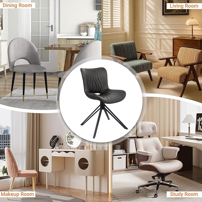VATROS Dining Chairs Set of 2, 360° Swivel Upholstered Mid-Century Modern Kitchen Dining Room Chairs, Armless Faux Leather Accent Side Chair with Padded Back, Metal Leg, Black