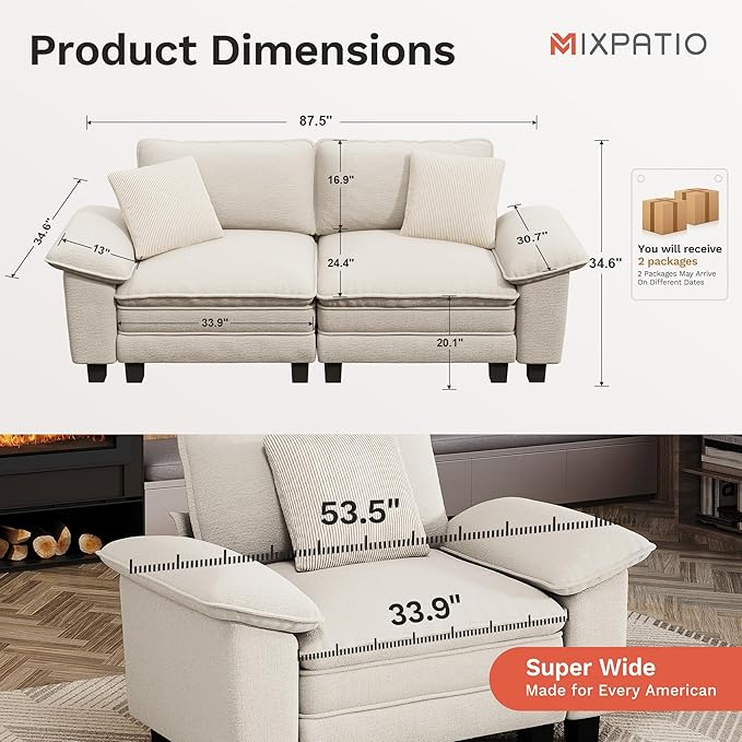 MIXPATIO 87" Cloud Modular Sectional Loveseat, 2-Seater w/Deep Seat & Removable Arms, Plush Chenille for Small Living Room & Apartment - Beige