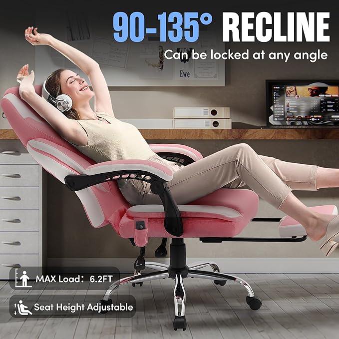 Massage Office Chair with Footrest,6-Point Vibration and Heat Executive Office Chairs,Ergonomic Desk Chair for Heavy People,500LBS Big and Tall Fabric Office Chair,Reclining Managerial Chair,Pinkwhite