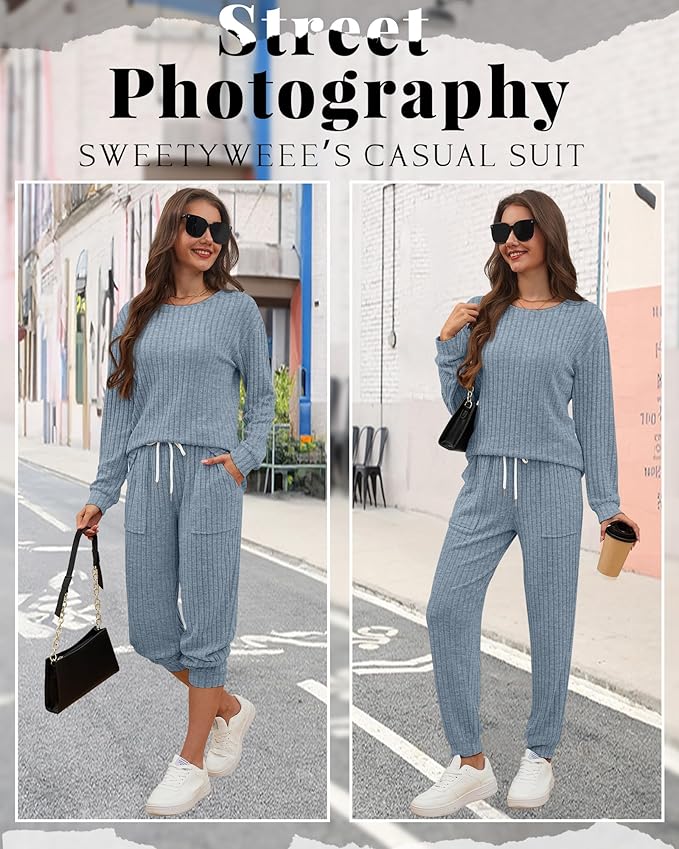Sweetyweee Women's Ribbed Knit Lounge Sets 2 Piece Outfits Long Sleeve Pajamas Set Loungewear Sweatsuits Fall Pjs with Pocket