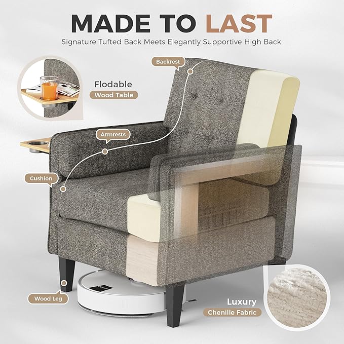 Chenille Accent Chair, Mid Century Modern Arm Chair with Foldable Wooden Side Table & Cup Holder - Comfy Reading Chair for Bedroom,Living Room Chairs,Sofa Chair Set of 2,Dark Grey