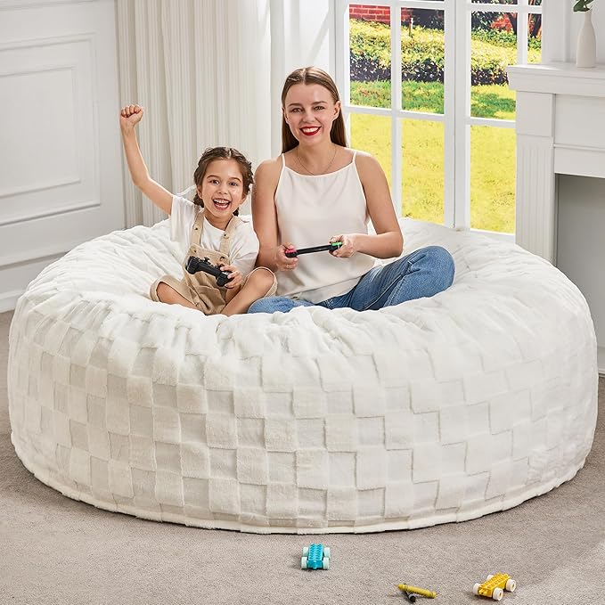 Hobestluk Bean Bag Chairs Beanbag Chair with Filler Adult Bean Bags with Fluffy Cover, Giant Bean Bag Chairs for Aduts for Living Room, Bedroom (White, 6FT - 70" x 70" x 15")
