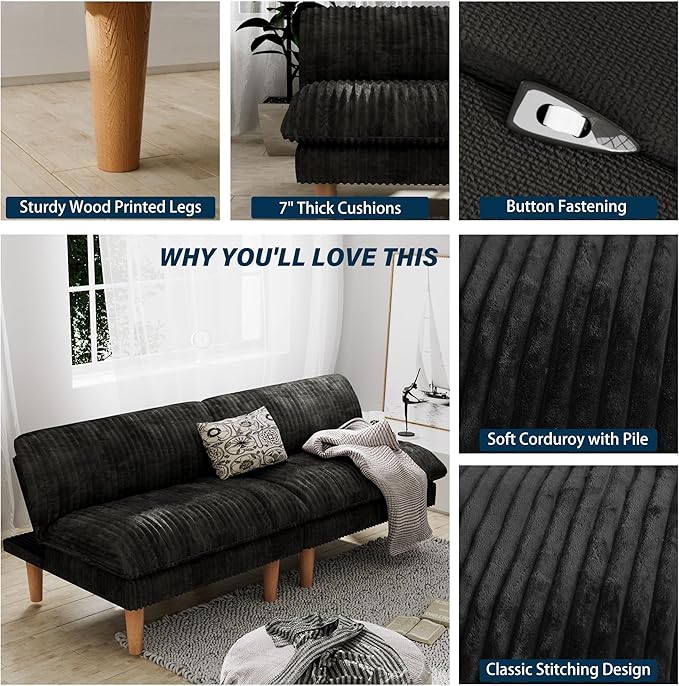 2 Sets 69" Futon Sofa Bed, 4 in 1 Multi-Function Couch Sleeper with Adjustable Backrest, Modern Convertible Futon, Recliner Small Loveseat for Living Room, Plush Dark Grey