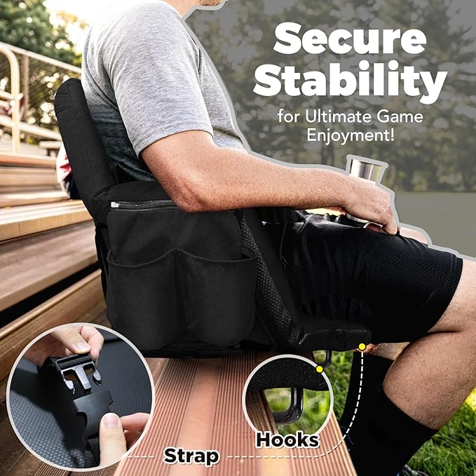 Wide Stadium Seats With Back Support, Exclusive "Sofa Style" Design Extra Thick Bleacher Chairs With Back and Cushion, 6 Reclining Positions - Ultimate Comfort for Sports Events (Black, 22.5")