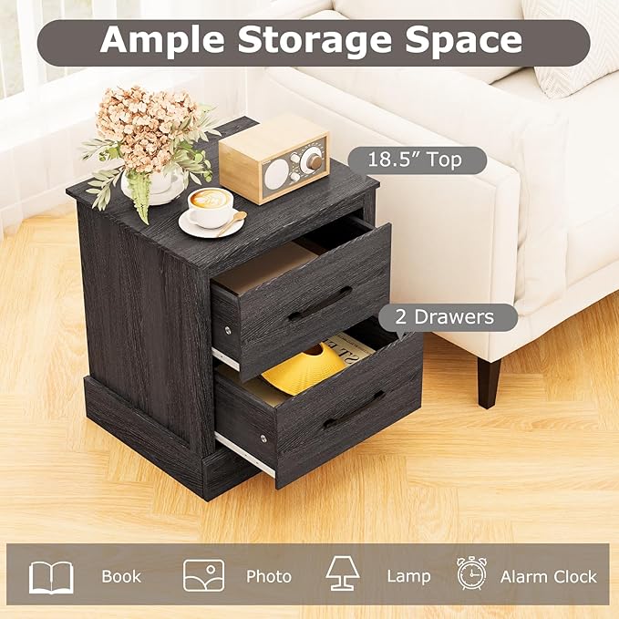 SIMOE Grey Oak Farmhouse Nightstand, Wooden Bedside Table with 2 Storage Drawers, Compact Floor-Standing Night Stand, Accent Sofa Side Table for Bedrooms