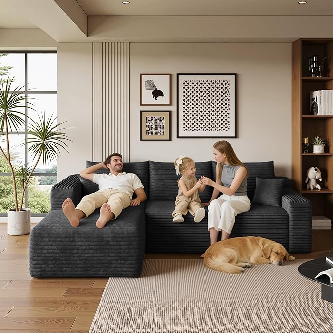 AUGOP 96" Sectional Couches for Living Room Modern Modular Sofa with L-Shape Couchs Upholstered Boneless Couch Deep Seat Sectional Couch with Chaise (Black, 96" Left Facing Chaise+2Seaters)