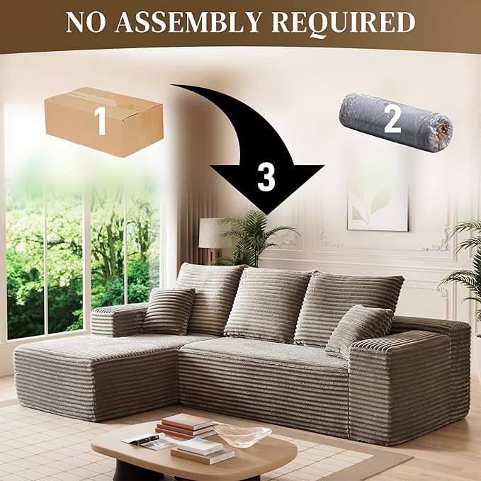 HYJT-H&K Modular Sectional Sofa Cloud Couch, 107" Comfy L Shaped Sectional Couches for Living Room, Deep Seat Memory Foam Plush Fluffy Corduroy Boneless Couch Sectionals Left Facing Sofa Chaise Camel