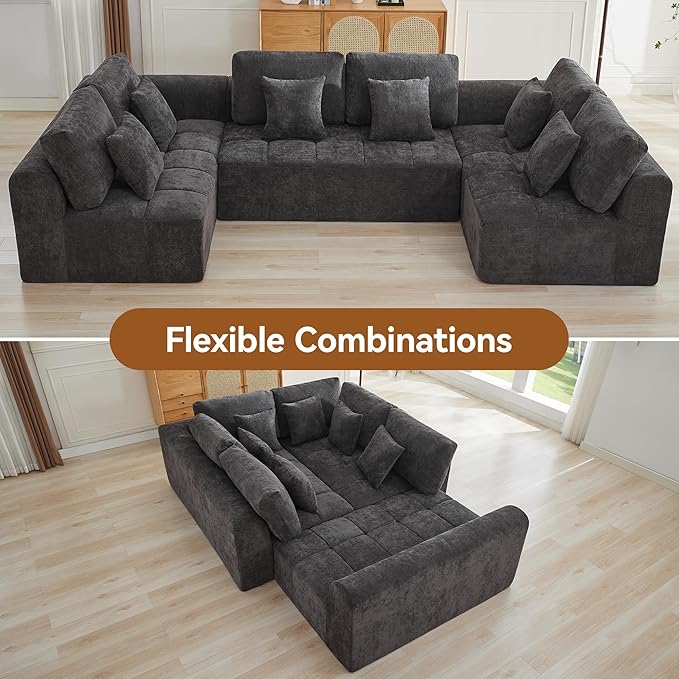140''Modular Sectional Couches for Living Room, Cloud Boneless Compressed Sectional Sofa, Oversized U Shaped 6 Seater Upholstered Memory Foam Sofa, No Assembly, Chenille Grey