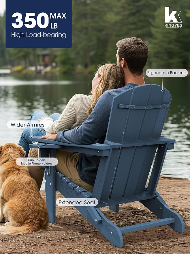 KINGYES Folding Adirondack Chair Set of 2, Dual Cup Holders & All-Weather HDPE, Wood-Like Patio Chair for Backyard, Camping, Pool & Fire Pit, Blue