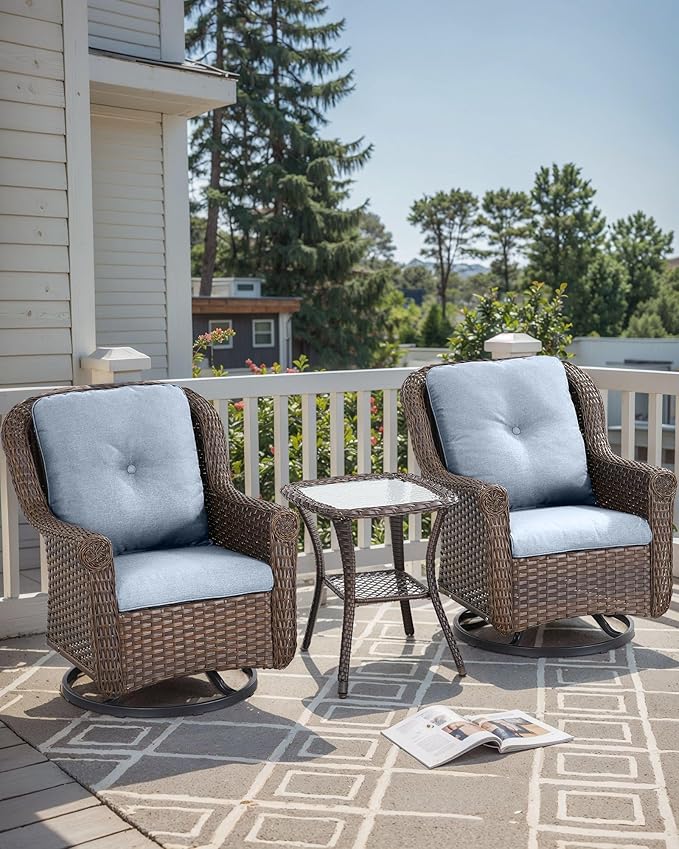 ACTREST Patio Chairs Outdoor Swivel Glider - Set of 2 High Back Outside Brown Wicker Rattan Rocking Chair with Thick Cushion for Porch Apartment Deck Yard Poolside Garden - Baby Blue