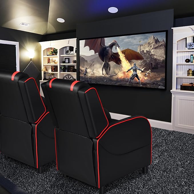 GYMAX Gaming Recliner, Massage Gaming Chair with Adjustable Footrest, Remote Control & Side Pocket, Ergonomic Game Lounge Chair, Racing Style Single Theater Seat Game Sofa for Adults (Red)