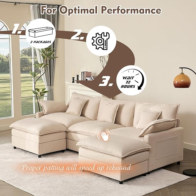 GOSUHI 108" U Shaped Couch, Modular Sectional Sofa, 3-Seater Comfy Cloud Couch with Movable Ottoman, Deep Seat Couches for Living Room, Linen, Beige