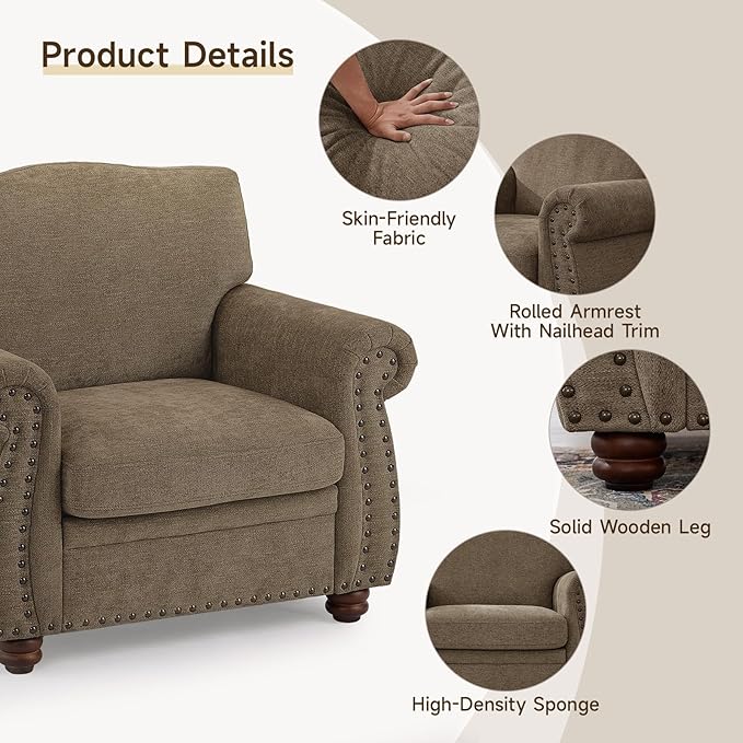 ONBRILL Nailhead Trim Armchair, Rolled Arm Accent Chair for Living Room, Comfy Chenille Club Sofa Chair w/Springs Cushions & Wood Legs, Traditional Single Couch Chair for Apartment, Farmhouse, Brown