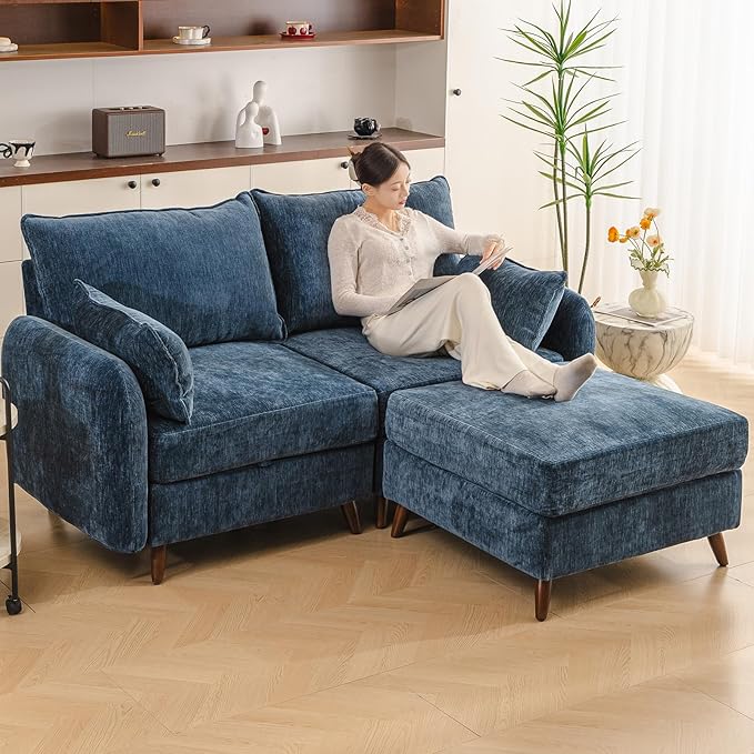 Rexulqo 73'' Loveseat Sofa with Seats Storage, Modular Sectional Couch with Movable Ottoman,Oversized Comfy Sofa with 7.8'' Cushion,24.5'' Deep Seat,Large Couches for Living Room,Bedroom,Velet,Blue