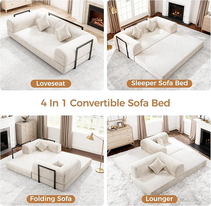 HipyMo 4-in-1 Folding Convertible Sofa Bed, 78 Inch Boneless Couch with Fixed-Shape Frame, Loveseat Sleeper with Pull Out Bed, Floor Sofa Modular Futon Couch for Living Room Bedroom Lounge (Beige)