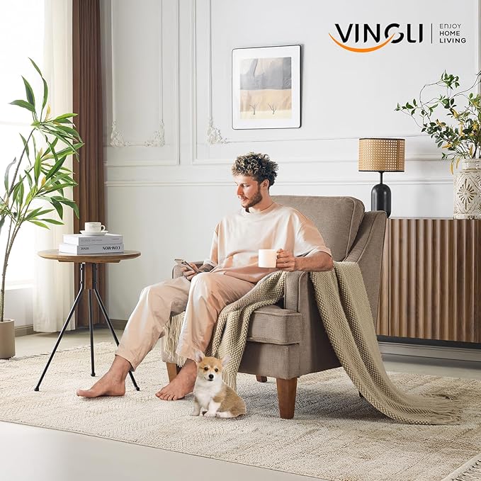 VINGLI Mid-Century Modern Accent Chair, Light Brown Upholstered Armchair Comfy Sofa Chair Reading Chair High Back for Living Room Bedroom Furniture Apartment