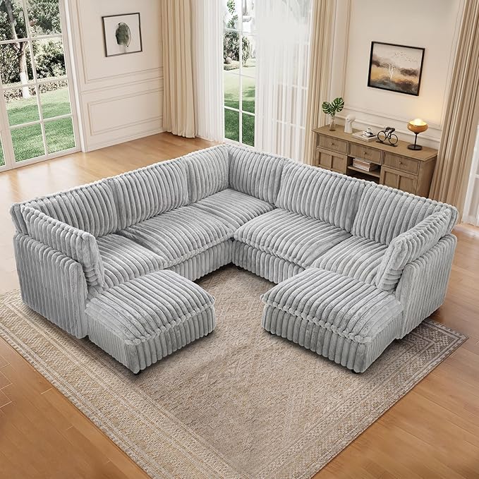 KKL Modular Sectional Couch for Living Room, V Shaped Corduroy Couches with 2 Ottomans, 7 Seater Oversized Sofa, Soft Fabric Modern Sofa, Grey