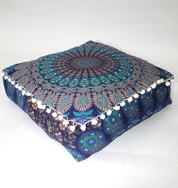 CRAFT KALA Blue Peacock Large Hippie Mandala Meditation Floor Ottoman Pillow Cushion Pouf Cover Square Poufs Bohemian Circle Floor Cushion Case Outdoor Fireplace Living Room Decor Cover 16" Square