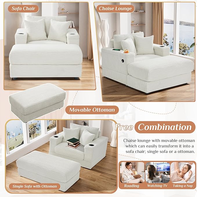DAMAIFROM Oversized Chaise Lounge Chair Indoor with USB, Cup Holder & Ottoman, Firm Solid Wood Frame with Long Service Life Corduroy Oversized Lounge Reading Chair for Study Room - Beige White