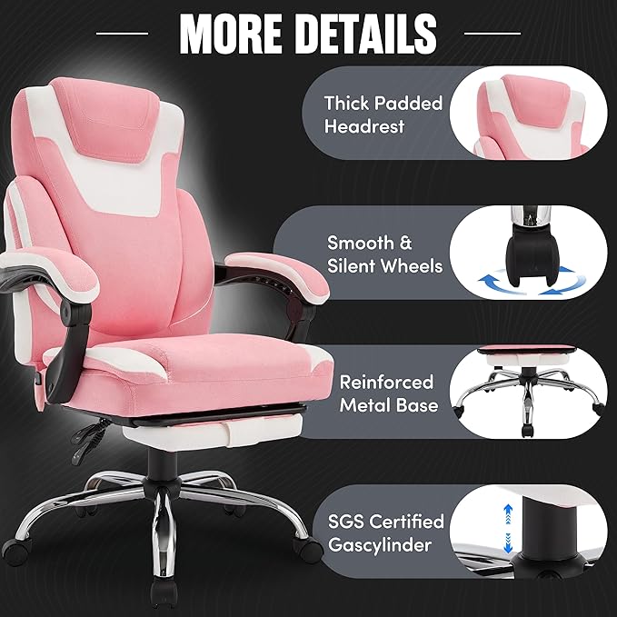 Massage Office Chair with Footrest,6-Point Vibration and Heat Executive Office Chairs,Ergonomic Desk Chair for Heavy People,500LBS Big and Tall Fabric Office Chair,Reclining Managerial Chair,Pinkwhite