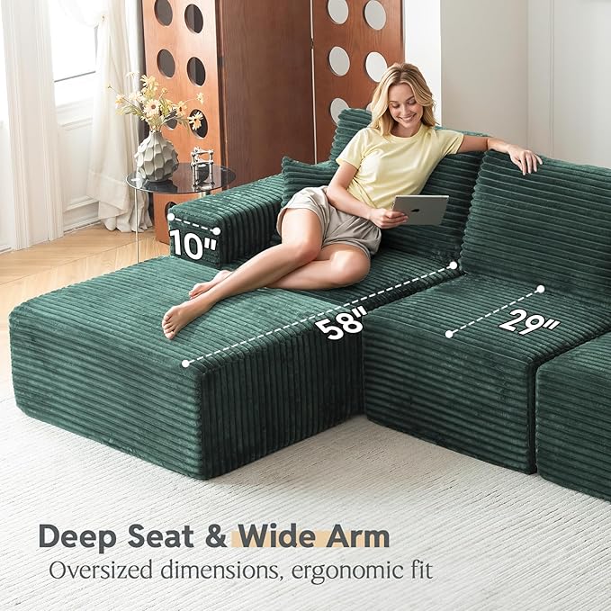 MODNEST 108" Modular Sectional Sofa Cloud Couch with Deep Seats, L Shape Couch with Chaise and Movable Ottoman, Sectional Couches for Living Room, Comfy Boneless Couches No Assembly Required, Green