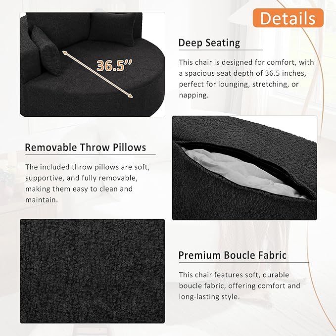 Merax 360° Swivel Chair, Chenille Fabric Accent Barrel Chair, Swivel Round Sofa Chair with 3 Removable Pillows for Living Room, Bedroom, Office and Hotel, Black