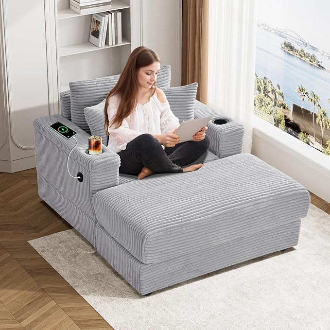 DAMAIFROM Oversized Chaise Lounge Chair Indoor with USB, Cup Holder & Ottoman, Firm Solid Wood Frame with Long Service Life Corduroy Oversized Lounge Reading Chair for Study Room - Grey