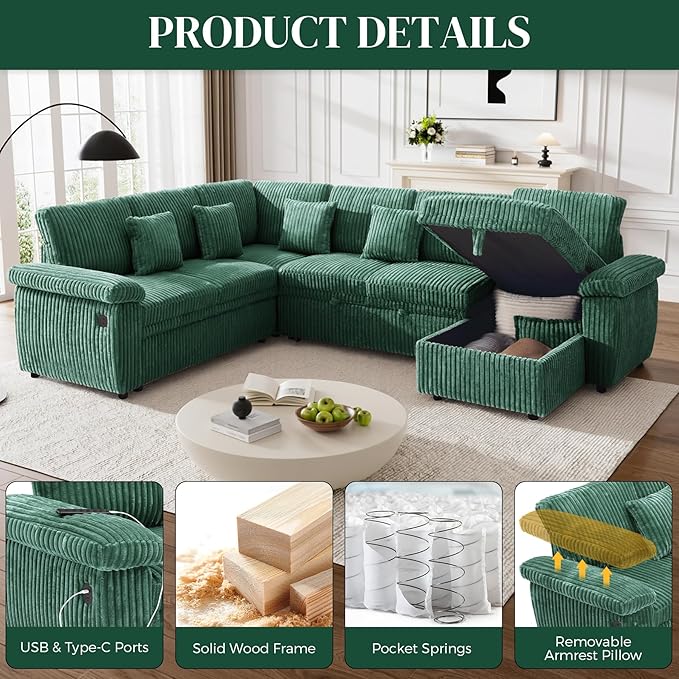Modular Sectional Sleeper Sofa with Pull Out Bed, Storage Chaise & USB Charging, U Shaped Plush Corduroy Sectional Couches for Living Room, Comfy Convertible 7 Seat Cloud Sofa Bed Emerald Green