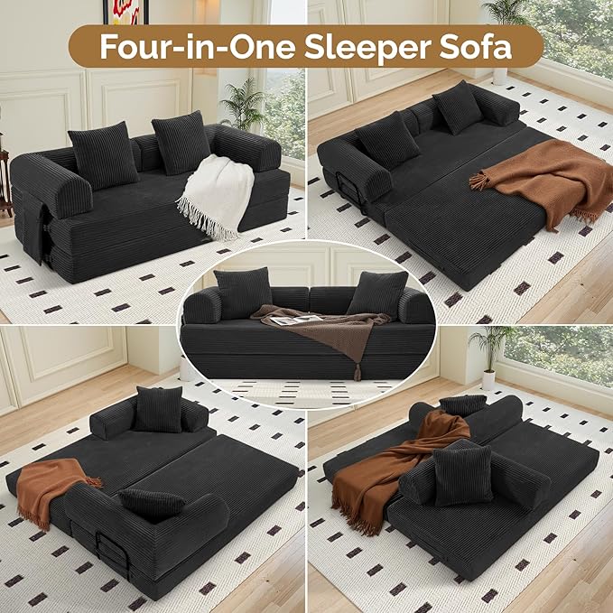 Convertible Corduroy Sleeper Sofa Bed with Cylindrical Pillow, Folding Mattress Couch with Fixed-Shape Frame, Floor Sofa Lounge Couch for Living Room Bedroom Lounge Studio, Black