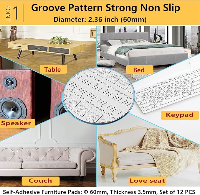 Non Slip Furniture Pads, 12 PCS Clear No Skid Furniture Grippers, Self Adhesive Anti Slip Furniture Pads, Anti Slide Hardwood Floors Protectors for Keep Couch Stoppers