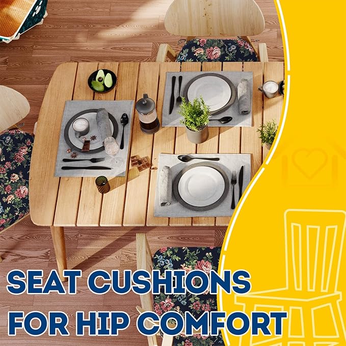 AAAAAcessories D-Shaped Chair Cushions, 2" Thick Dining Chair Pads with Ties and Removable, Machine-Washable Cover, 17" x 16", Set of 8, Night-Blooming Blossoms