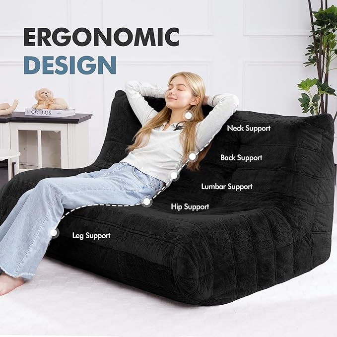 Bean Bag Loveseat Chair Big Sofa Beanbag Chair for Adults Fireside Chair Bean Bag Lounger with Memory Foam Filled for Home,Apartment or Gaming Venue（Black）