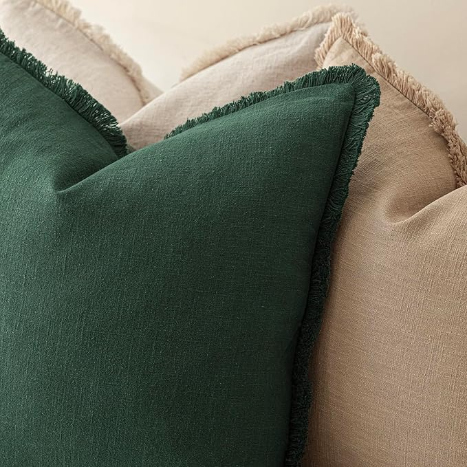 Foindtower Set of 2 Decorative Linen Fringe Throw Pillow Covers Cozy Boho Farmhouse Cushion Cover with Tassels Soft Accent Pillowcase for Couch Sofa Bed Living Room Home Decor, 20×20 Inch, Pine Green