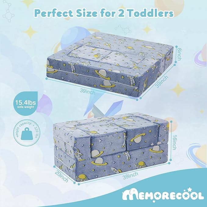 MeMoreCool Modular Kids Couch, Glow Play Toddler Couch for Bedroom Playroom, Convertible Foam Kids Sofa Bed, Fold Out Baby Sofa for Girl Boy, Denim Rocket