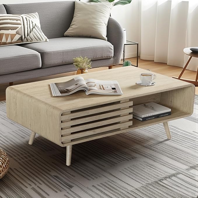 Easyego Coffee Table with Storage, Farmhouse Wood Tables for Living Room, Easy Assembly, Suitable for Various Home Styles (Oak)