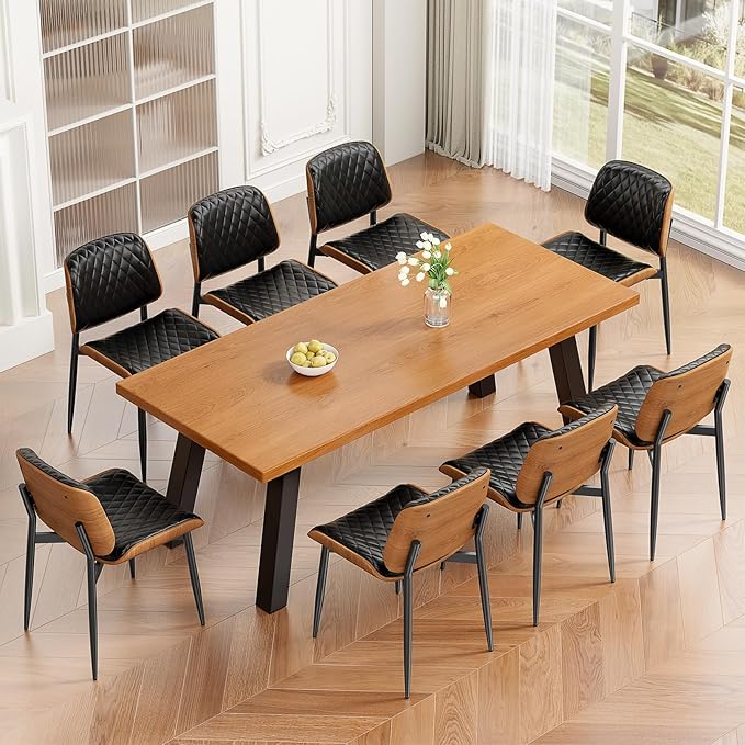 Dining Chairs Set of 4, Mid-Century Modern Upholstered PU Leather Chairs with Walnut Back and Metal Legs Adjustable Feet for Kitchen Dining Room, Black Diamond Plaid