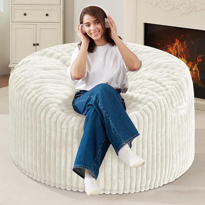 Homguava 4 FT Bean Bag Chair,4' Big Bean Bag,Large Bean Bag Chairs for Adults with Memory Foam Filled,Comfy Beanbag Chairs Soft Bean Bag Sofa with Dutch Corded Plush Cover-White