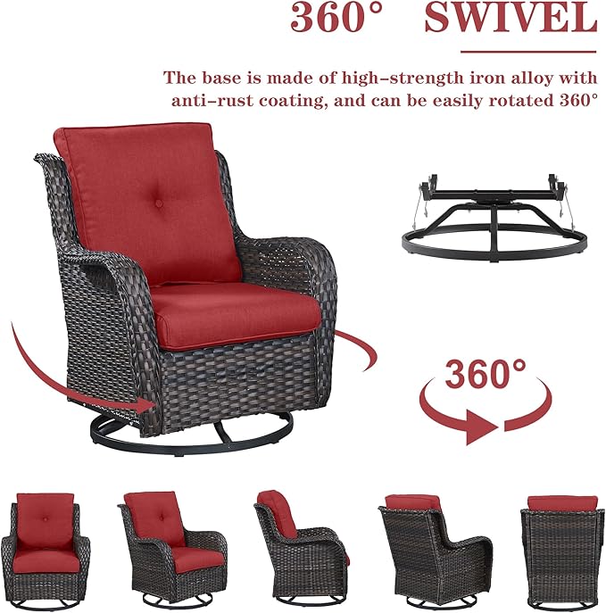 Belord 5 Piece Outdoor Patio Furniture Set - Wicker Furniture Patio Conversation Set, Outdoor Swivel Rocker Chairs with 3-Seater Sofa and 2 Ottomans for Small Space, Red Cushion