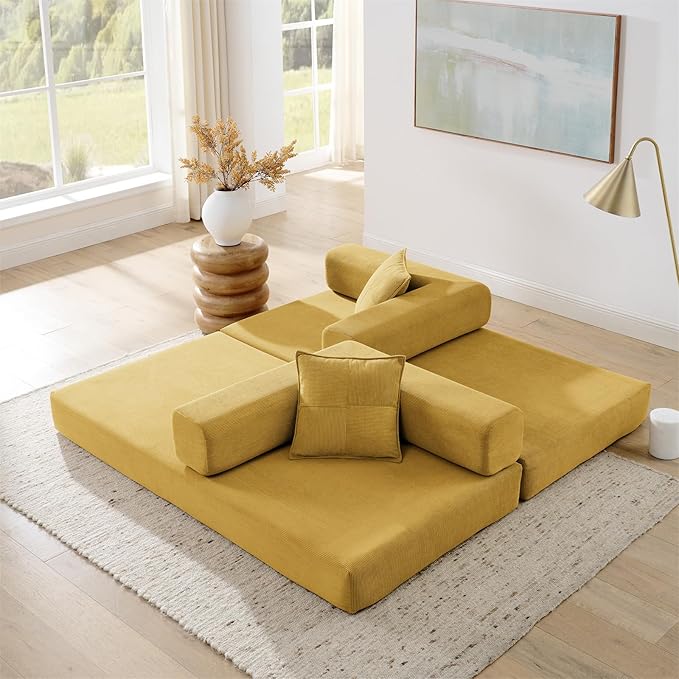Antetek Convertible Futon Sofa Bed, 3-Seater Modern Corduroy Foam Floor King Size Bed Foldable Sleeper Lounge Loveseat Sofa Couch with 2 Throw Pillows for Living Room Bedroom Guest Room, Yellow