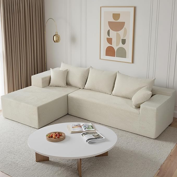 Sectional Cloud Boneless Couch for Living Room Bedroom, Comfy Modern L Shaped Modular Sofa with Left Facing Chaise, Deep Seat Memory Foam Couch in Box, No Assembly (Fine Striped Corduroy, Beige)