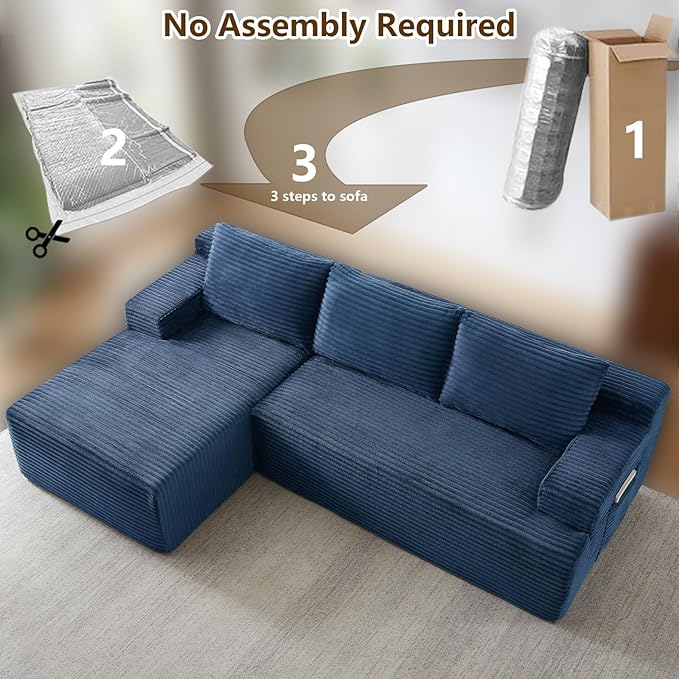 96.1" Modular Sectional Sofa Couches L-Shape Couch 3 Seat Modular Sofa Corduroy Memory Foam Sectional Boneless Couches for Living Room, Cloud Couch with Oversized Chaise(Blue, Left Facing)