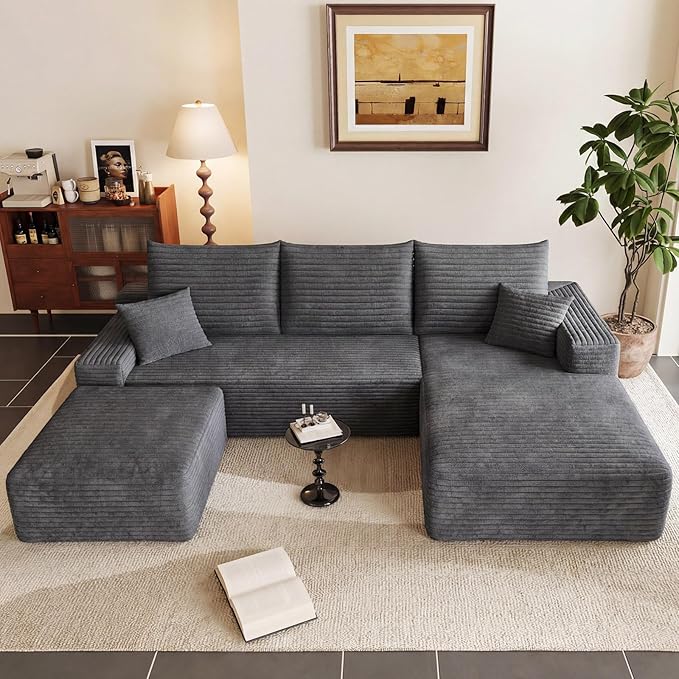 95" U-Shape Cloud Couch, Modern Modular Sectional L-Shape Sofa with Ottoman, Corduroy Upholstered Couches Deep Seat Sleeper Chaise Longue for Living Room, No Assembly Required(Dark Gray, Right Facing)