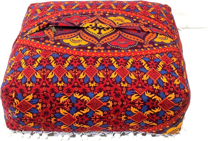 CRAFT KALA Large Hippie Mandala Meditation Floor Ottoman Pillow Cushion Pouf Cover Square Poufs Bohemian Circle Floor Cushion Case Outdoor Fireplace Yoga Living Room Decor Cover New Orange, 16" Square