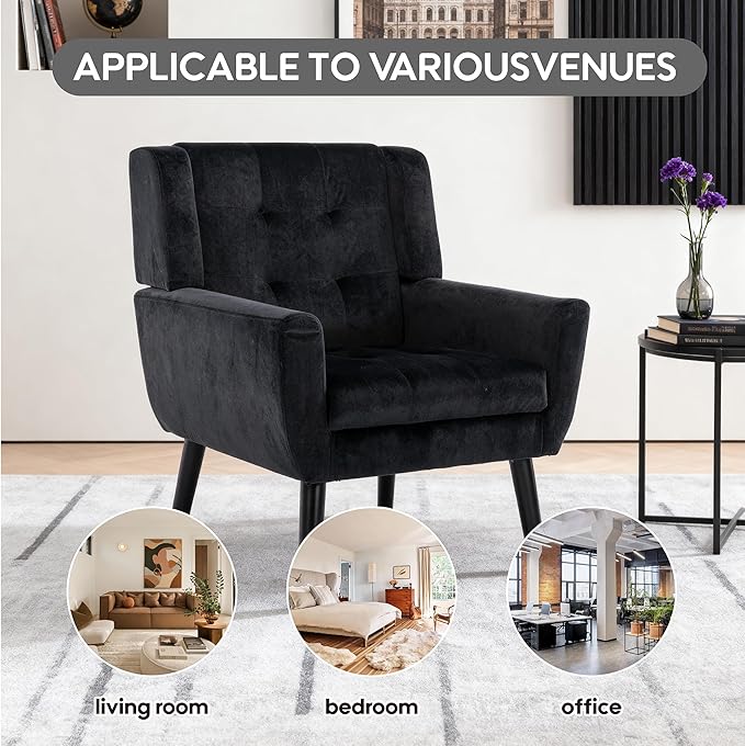 OO BY ORANGE ONLINE Velvet Accent Chair, Mid-Century Modern Tufted Armchair for Living Room, Bedroom & Office (Black)
