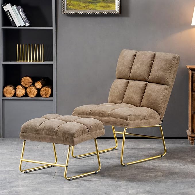 MCombo Accent Chair with Ottoman Set, Modern Armless Chair for Living Room, Bedroom, Small Space 4013 (Heat-Stamped Fabric, Beige)