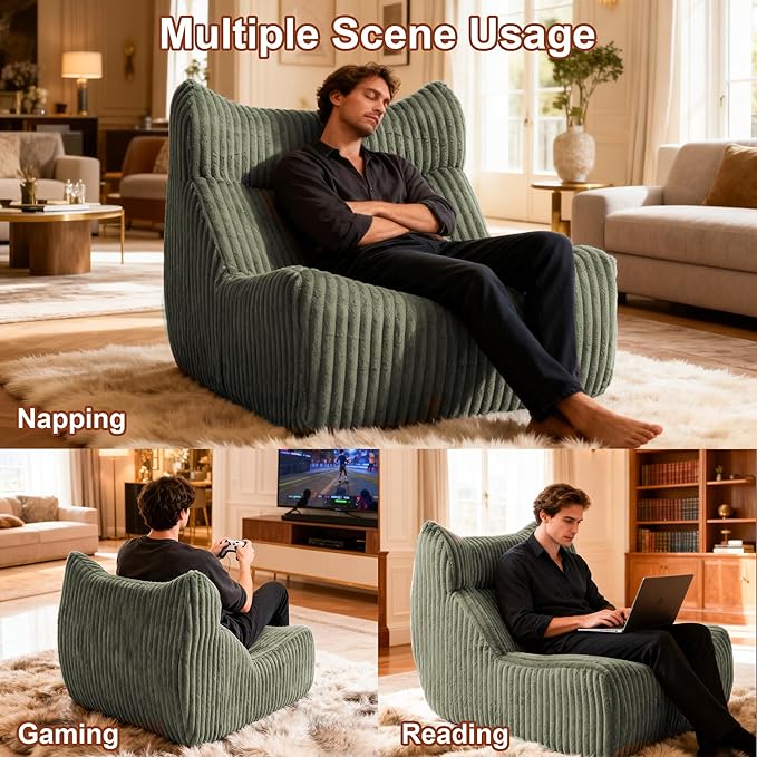 Bean Bag Chairs, Giant Bean Bag Chair for Adults, Memory Foam Lounge Chair, Comfy Lazy Floor Chair, Bean Bag Sofa for Living Room, Bedroom and Office, Single Bean Bag (Dark Green)