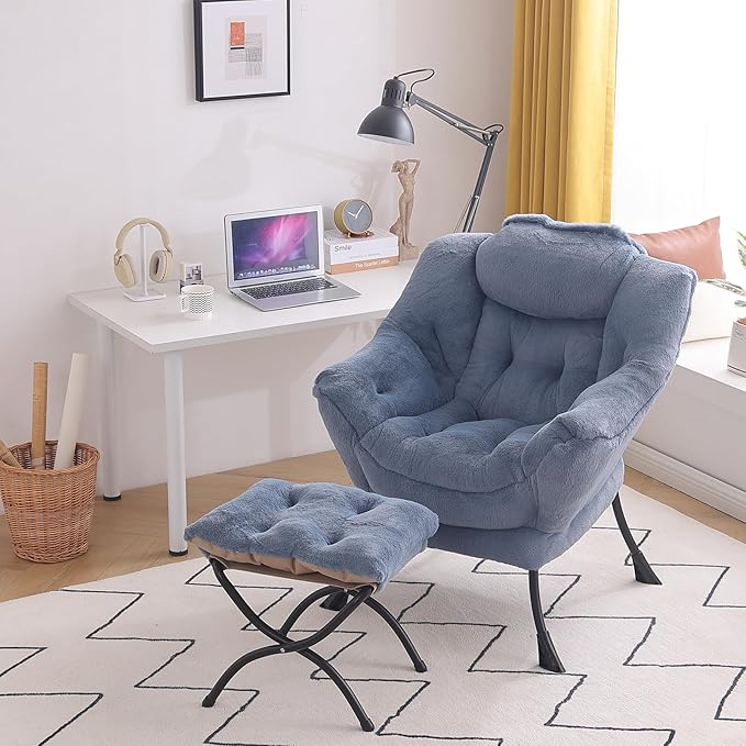 Tiita Lazy Chair with Ottoman, Blue Chairs Modern Large Accent Lounge Armchair, Comfy Leisure Sofa Reading Chair with Footrest for Bedroom, Living Room, Dorm Rooms, Garden, Plush Light Blue